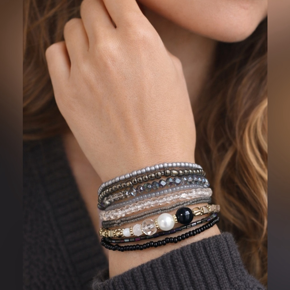 Midnight Onyx Black‎ Beaded Bracelet Stack with elastic OS